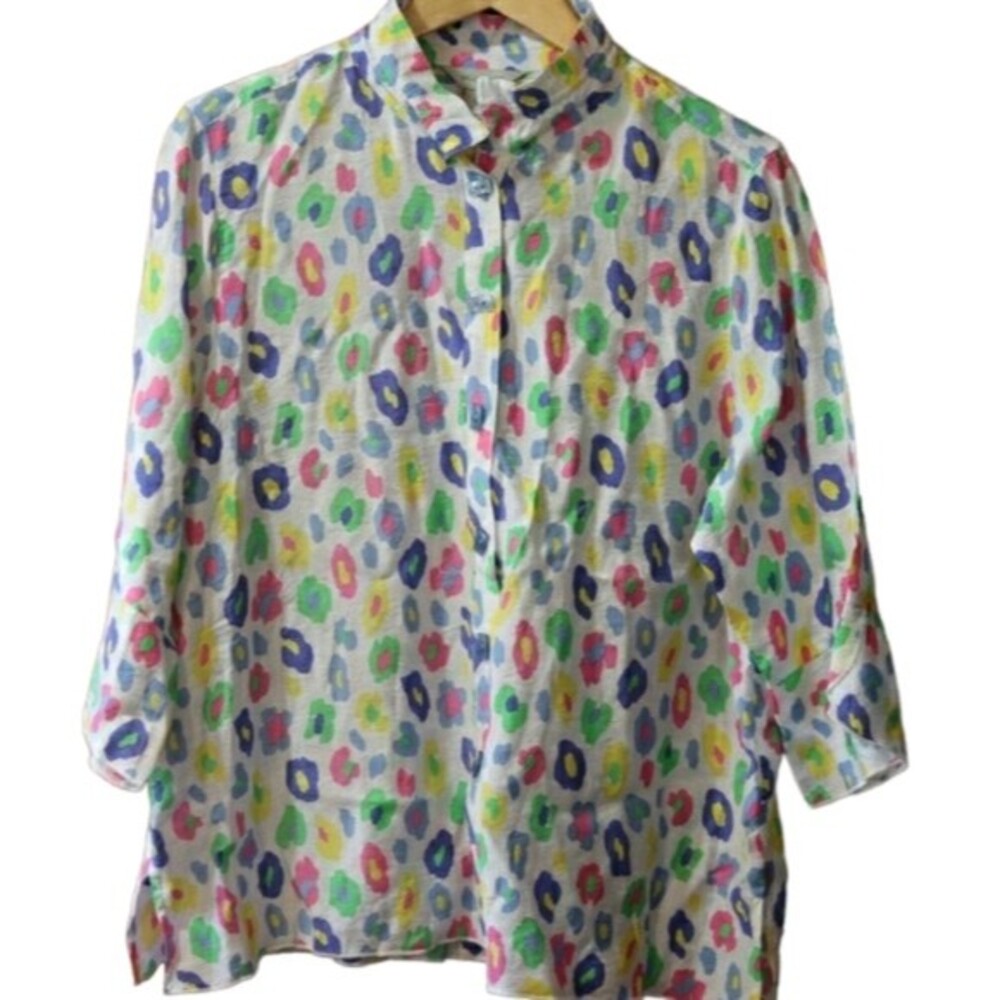 Multiples Rainbow Leopard Print Button Down Blouse Petite Large Statement Shirt